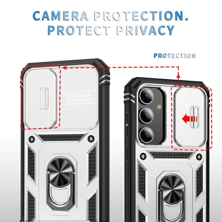 For Samsung Galaxy S25 5G Sliding Camshield TPU Hybrid PC Phone Case with Holder(White+Black) - Galaxy S25 5G Cases by PMC Jewellery | Online Shopping South Africa | PMC Jewellery | Buy Now Pay Later Mobicred