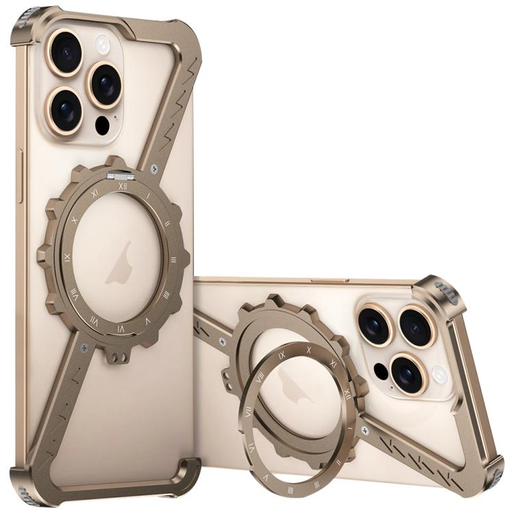 For iPhone 14 Pro Z-shaped Frameless Metal 360 Holder MagSafe Phone Case(Desert Gold) - iPhone 14 Pro Cases by PMc TechLife | Online Shopping South Africa | PMc TechLife | Buy Now Pay Later Mobicred