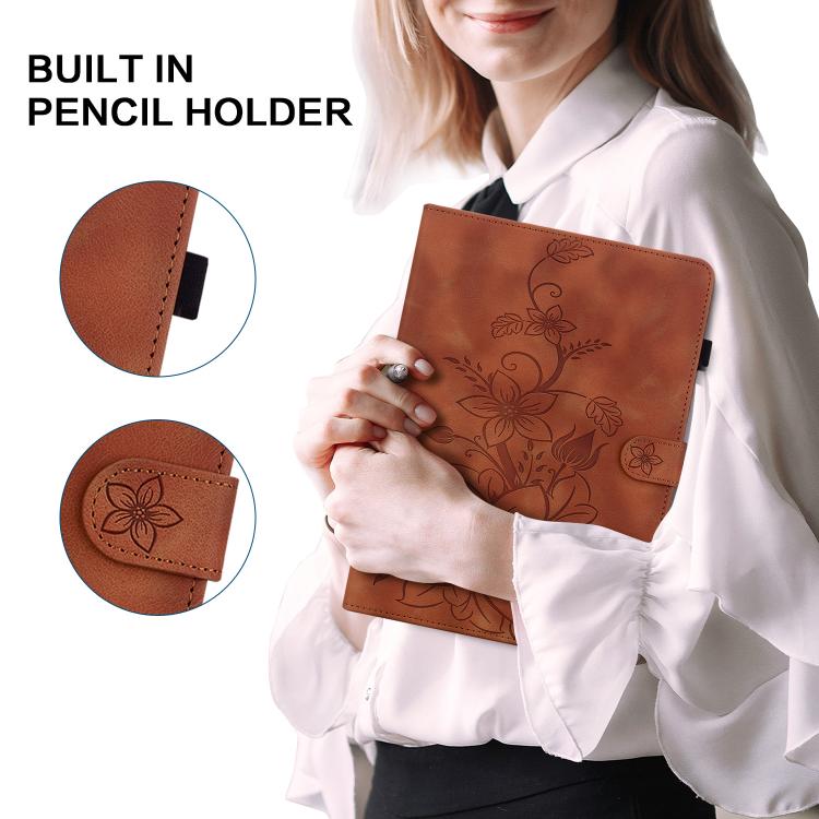For Tecno Megapad 11 Lily Embossed Leather Tablet Case(Brown) - Others by PMC TechLife | Online Shopping South Africa | PMC TechLife | Buy Now Pay Later Mobicred
