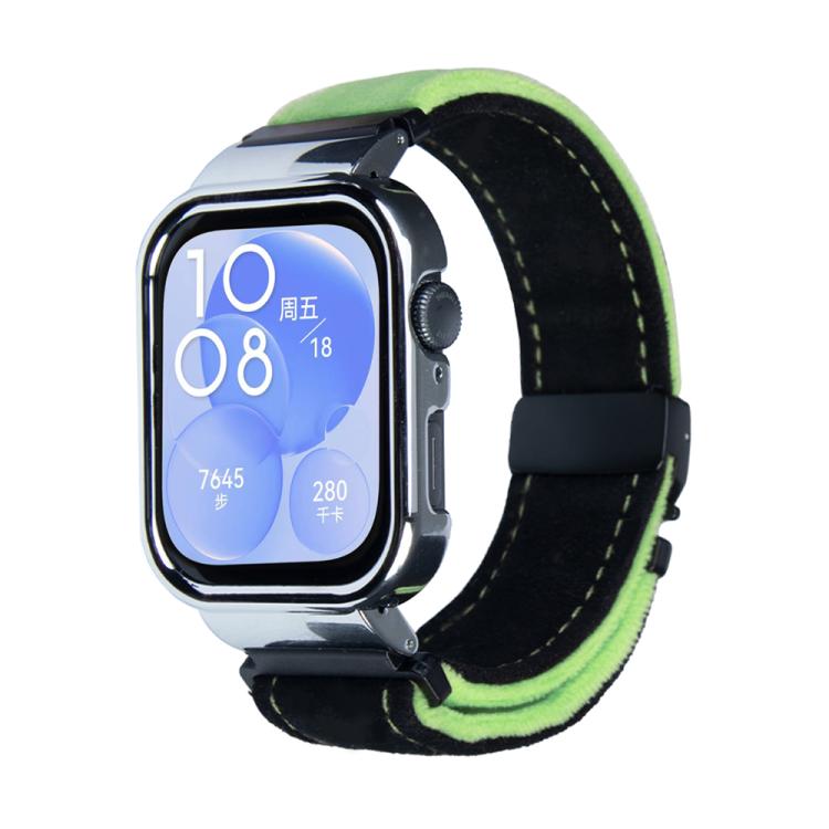 For Huawei Watch Fit3 Brushed Metal Silver Frame Watch Band(Black Grass Green) - free shipping - PMC TechLife - Order now!