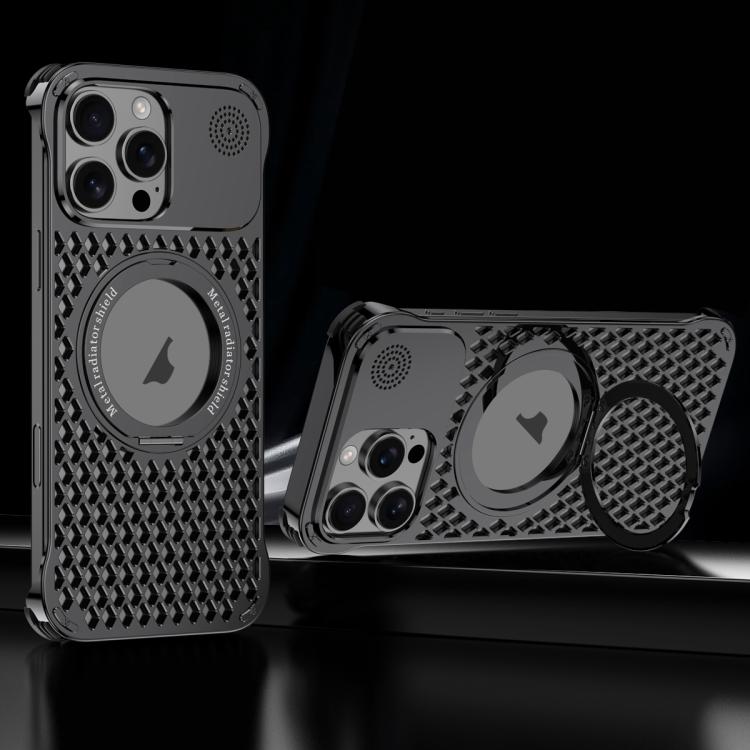 For iPhone 16 Pro R-JUST RJ-64 Aromatherapy Heat Dissipation MagSafe Phone Case with Stand(Black) - free shipping - PMc TechLife - Order now!
