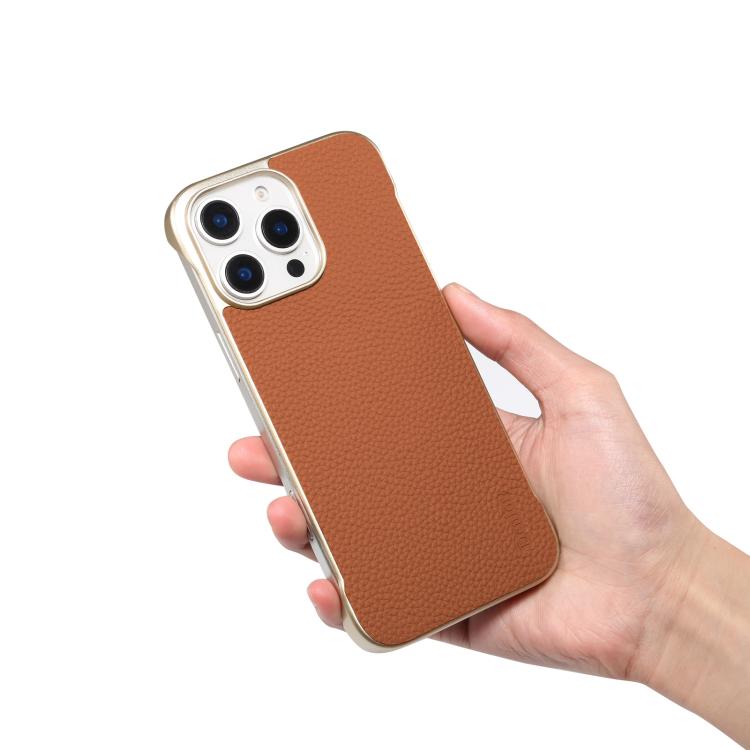For iPhone 15 Pro Denior A20 Genuine Leather Litchi Texture MagSafe Frameless Phone Case(Brown) - free shipping - PMc TechLife - Order now!