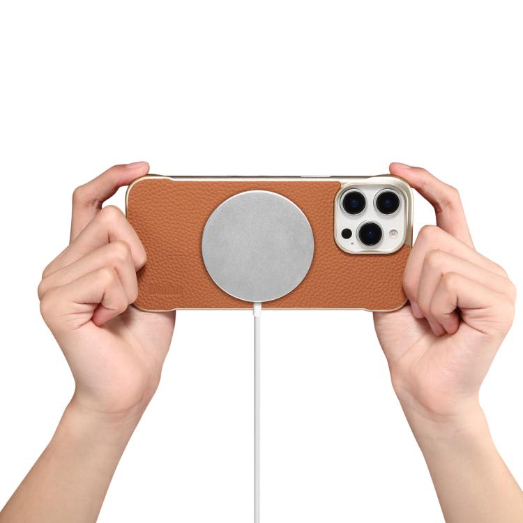 For iPhone 15 Pro Denior A20 Genuine Leather Litchi Texture MagSafe Frameless Phone Case(Brown) - free shipping - PMc TechLife - Order now!