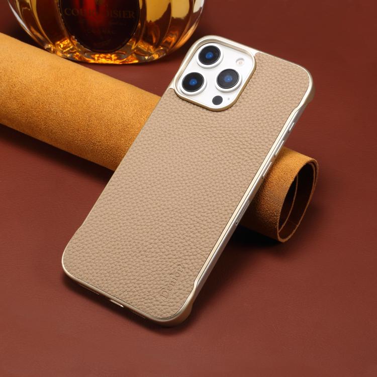 For iPhone 15 Pro Denior A20 Genuine Leather Litchi Texture MagSafe Frameless Phone Case(Khaki) - free shipping - PMc TechLife - Order now!