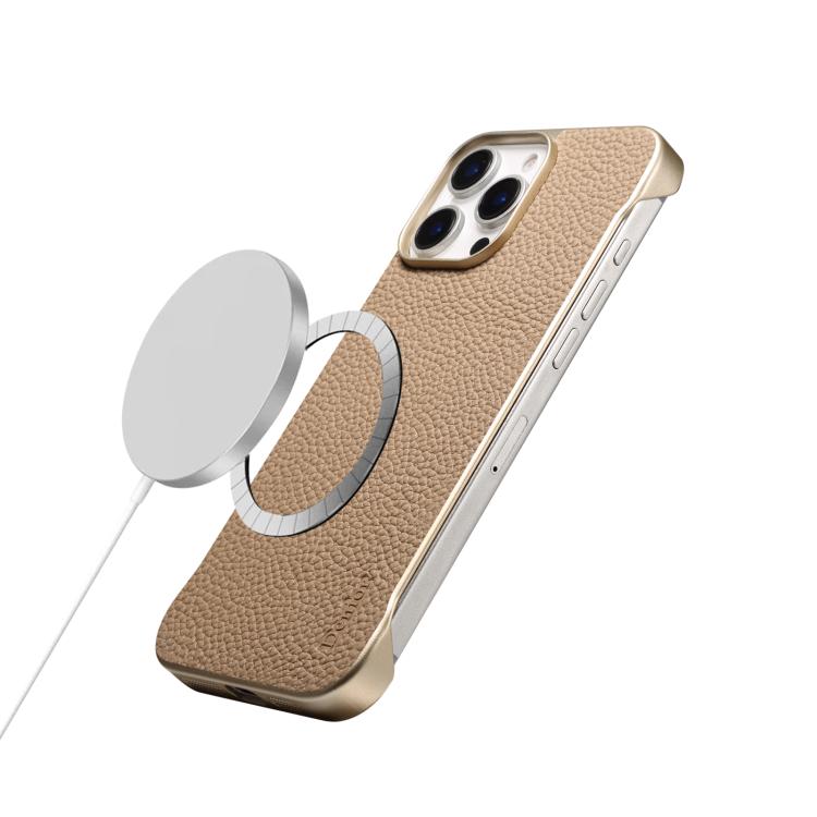 For iPhone 15 Pro Denior A20 Genuine Leather Litchi Texture MagSafe Frameless Phone Case(Khaki) - free shipping - PMc TechLife - Order now!