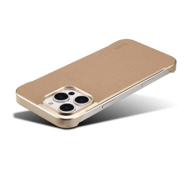 For iPhone 16 Plus Denior A20 Genuine Leather Litchi Texture MagSafe Frameless Phone Case(Khaki) - free shipping - PMc TechLife - Order now!