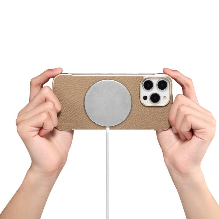 For iPhone 16 Plus Denior A20 Genuine Leather Litchi Texture MagSafe Frameless Phone Case(Khaki) - free shipping - PMc TechLife - Order now!