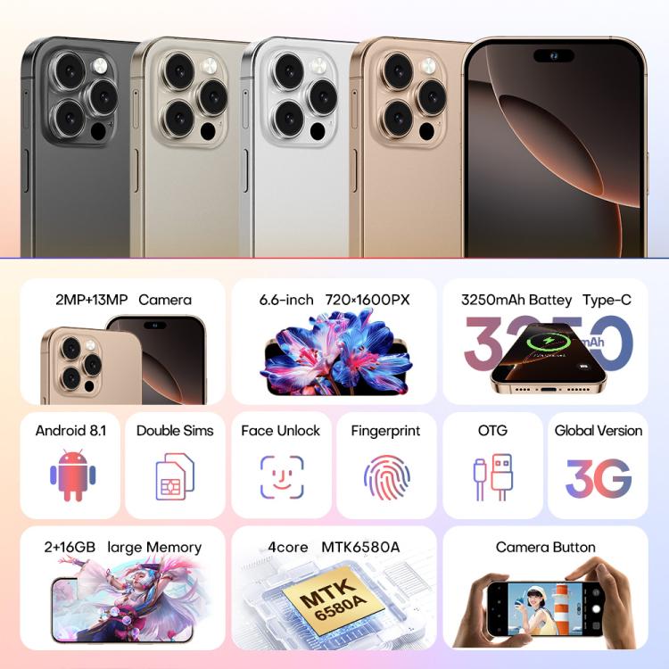 A88 / i16 Pro Max, 2GB+16GB, 6.6 inch Android 8.1 MTK6580A Quad Core, OTG, Network: 3G, Dual SIM, Plug:EU Plug(Titanium White) - free shipping - PMc TechLife - Order now!
