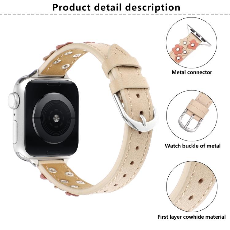For Apple Watch 42mm / 41mm / 40mm / 38mm Kalebol Studded Flower Leather Strap(Brown) - free shipping - PMC TechLife - Order now!