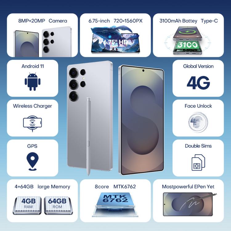 F102 / S25 Ultra, 4GB+64GB, 6.75 inch Android 11 MTK6762 Octa Core, Network: 4G, Dual SIM, Support Wireless Charging, Plug:EU Plug(Titanium Grey) - free shipping - PMc TechLife - Order now!