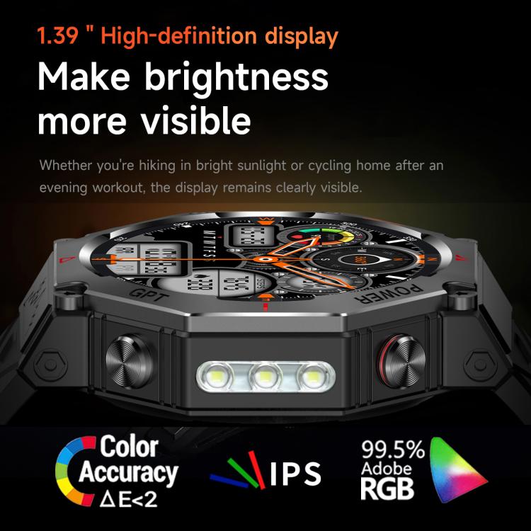 KC91 1.39 inch IPS Screen 3ATM Outdoor GPS Smart Watch with Flashlight(Black) - Smart Watches by PMC TechLife | Online Shopping South Africa | PMC TechLife | Buy Now Pay Later Mobicred