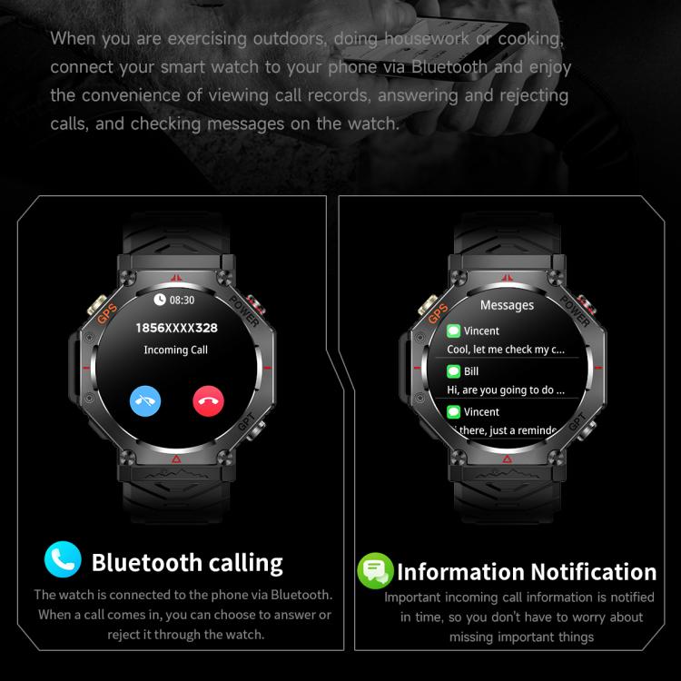 KC91 1.39 inch IPS Screen 3ATM Outdoor GPS Smart Watch with Flashlight(Black) - Smart Watches by PMC TechLife | Online Shopping South Africa | PMC TechLife | Buy Now Pay Later Mobicred