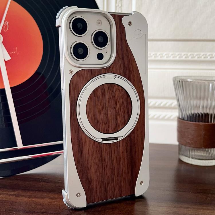 For iPhone 15 Pro Walnut Metal Frameless 360 Degree Rotation Holder MagSafe Phone Case(Silver) - free shipping - PMC TechLife - Order now!