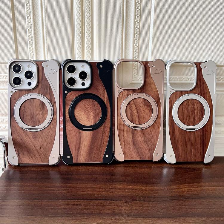 For iPhone 16 Pro Walnut Metal Frameless 360 Degree Rotation Holder MagSafe Phone Case(Titanium Color) - free shipping - PMC TechLife - Order now!