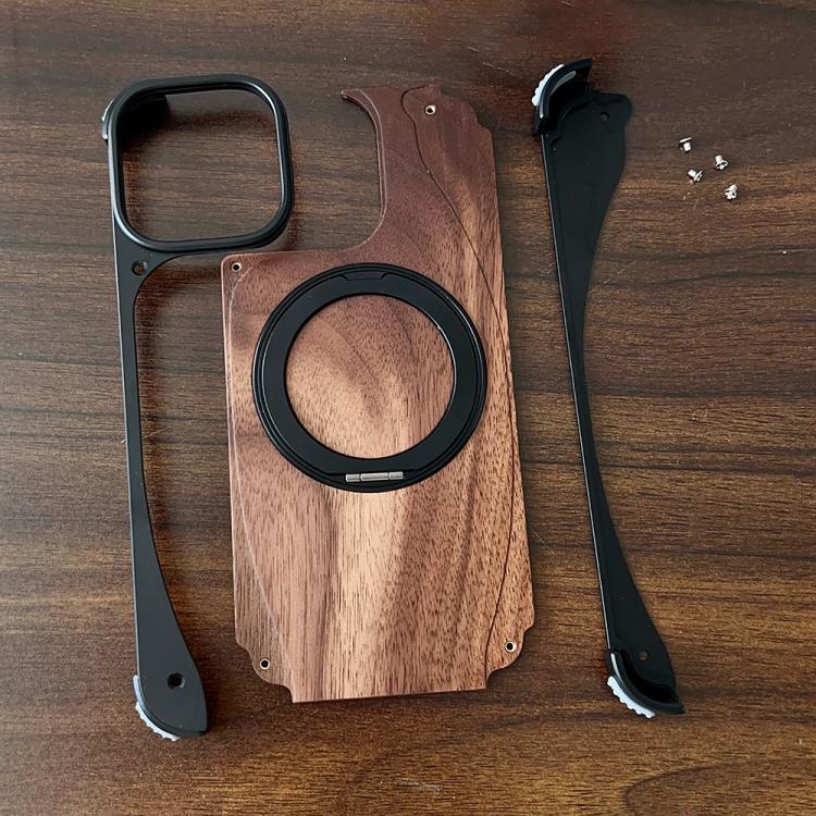 For iPhone 16 Pro Max Walnut Metal Frameless 360 Degree Rotation Holder MagSafe Phone Case(Black) - free shipping - PMC TechLife - Order now!