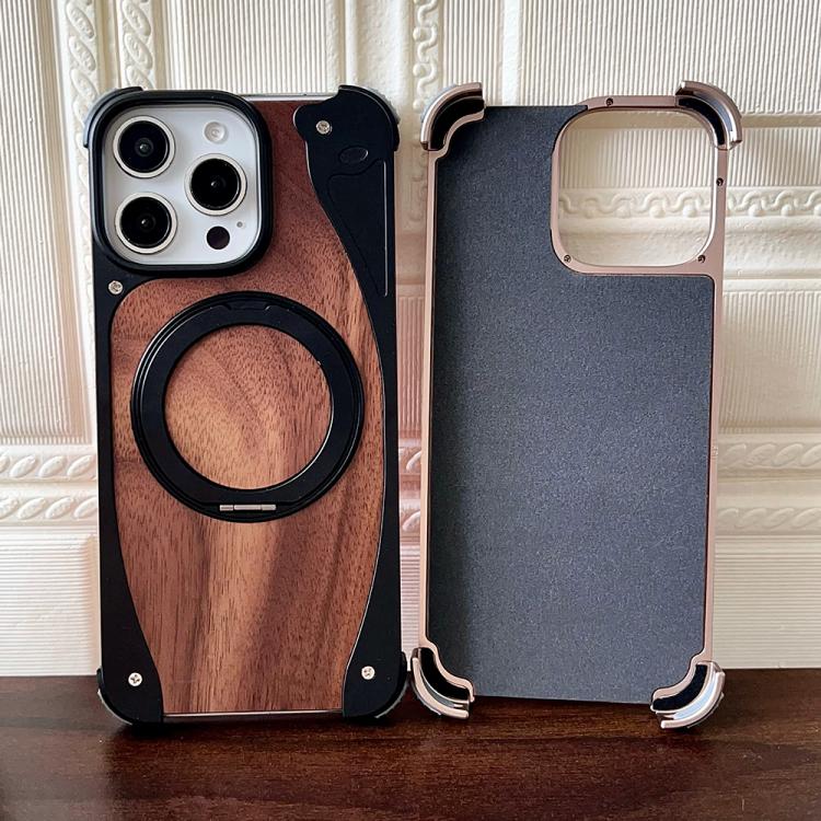 For iPhone 15 Pro Max Walnut Metal Frameless 360 Degree Rotation Holder MagSafe Phone Case(Black) - free shipping - PMC TechLife - Order now!