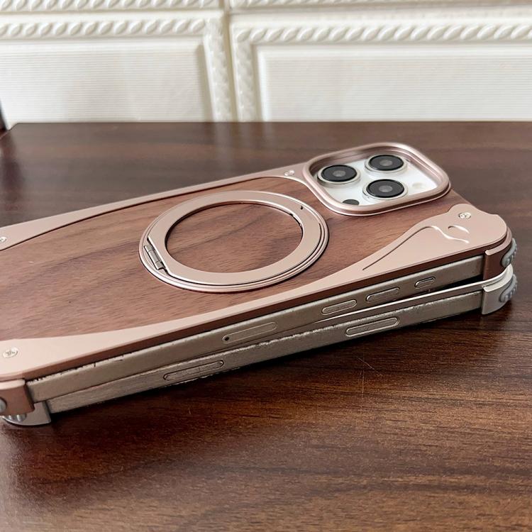 For iPhone 16 Pro Max Walnut Metal Frameless 360 Degree Rotation Holder MagSafe Phone Case(Black) - free shipping - PMC TechLife - Order now!