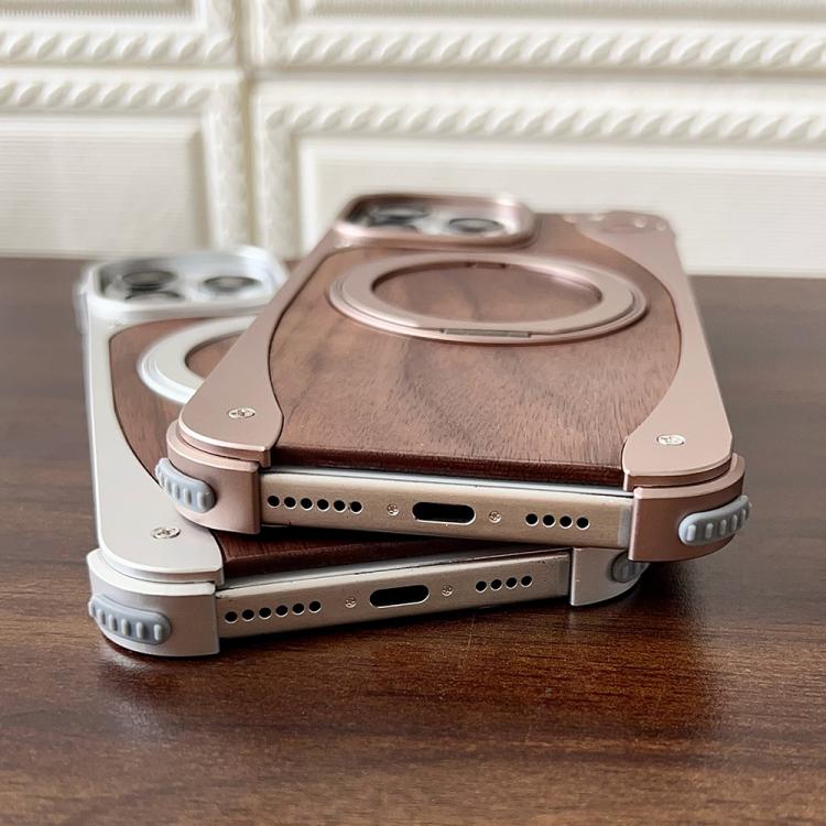 For iPhone 15 Pro Max Walnut Metal Frameless 360 Degree Rotation Holder MagSafe Phone Case(Black) - free shipping - PMC TechLife - Order now!