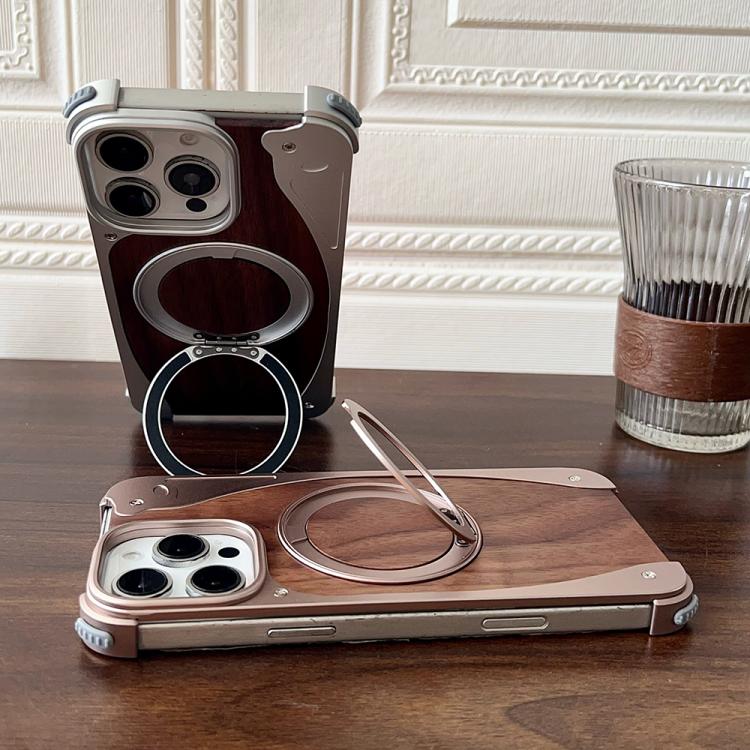 For iPhone 16 Pro Walnut Metal Frameless 360 Degree Rotation Holder MagSafe Phone Case(Black) - free shipping - PMC TechLife - Order now!
