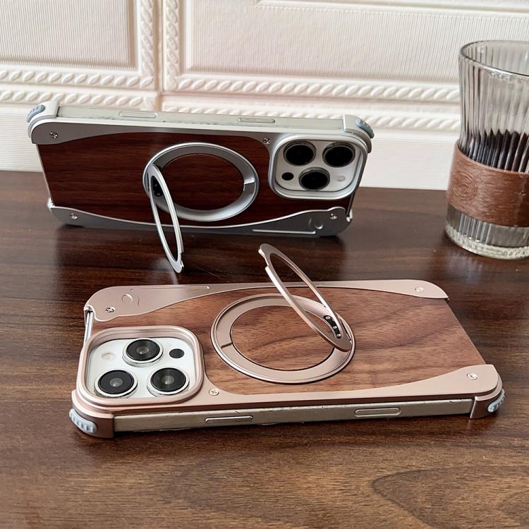 For iPhone 16 Pro Max Walnut Metal Frameless 360 Degree Rotation Holder MagSafe Phone Case(Black) - free shipping - PMC TechLife - Order now!