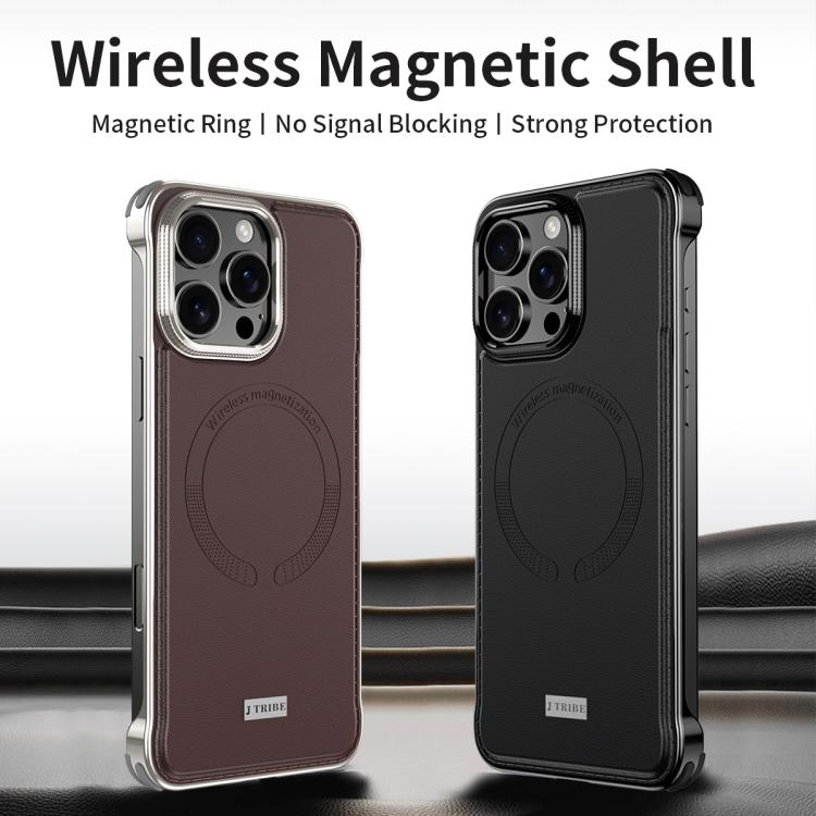 For iPhone 15 Pro J TRIBE Metal Frameless Plain Leather MagSafe Phone Case(Black) - free shipping - PMC TechLife - Order now!