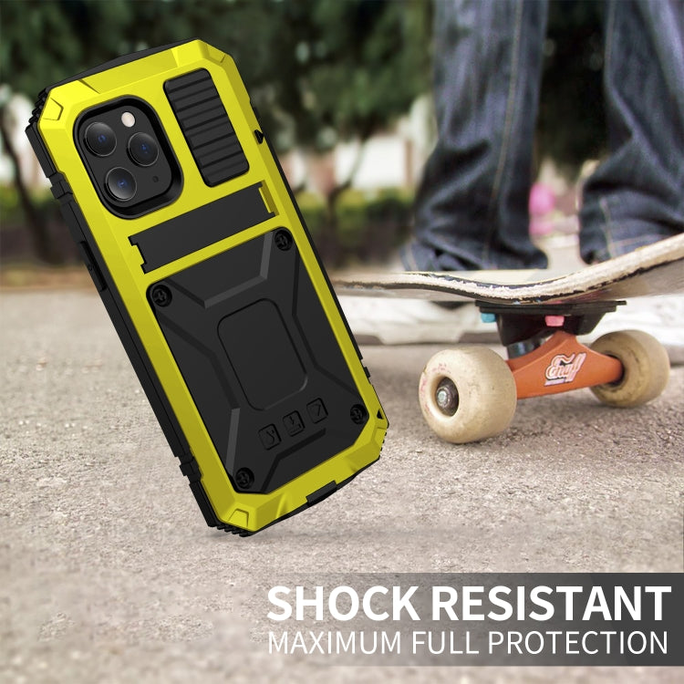 For iPhone 12 / 12 Pro R-JUST Shockproof Waterproof Dust-proof Metal + Silicone Protective Case with Holder(Yellow) - iPhone 12 / 12 Pro Cases by R-JUST | Online Shopping South Africa | PMC TechLife | Buy Now Pay Later Mobicred