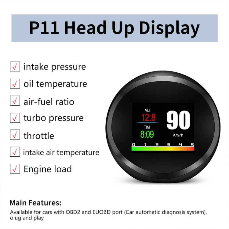 P11 OBD2 + GPS Mode Car HUD Head-up Display Water Temperature / Vehicle Speed / Voltage / Fuel Consumption Display, Speed Alarm - Head Up Display System by PMC Jewellery | Online Shopping South Africa | PMC Jewellery | Buy Now Pay Later Mobicred