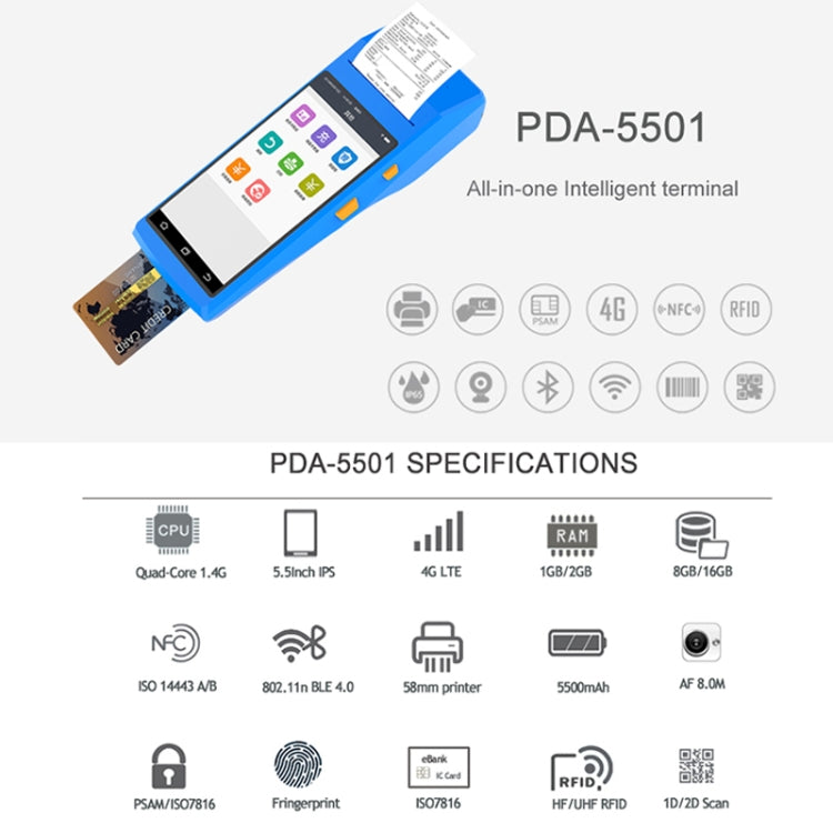 PDA-5501 Multi-function 5.5 inch IPS Screen IP65 Protection All-in-one Intelligent Terminal, Built-in Thermal Line Printer & MIC & Speaker, Support WiFi & Bluetooth & GPS(Blue) - Receipt Printers by PMc TechLife | Online Shopping South Africa | PMc TechLife | Buy Now Pay Later Mobicred