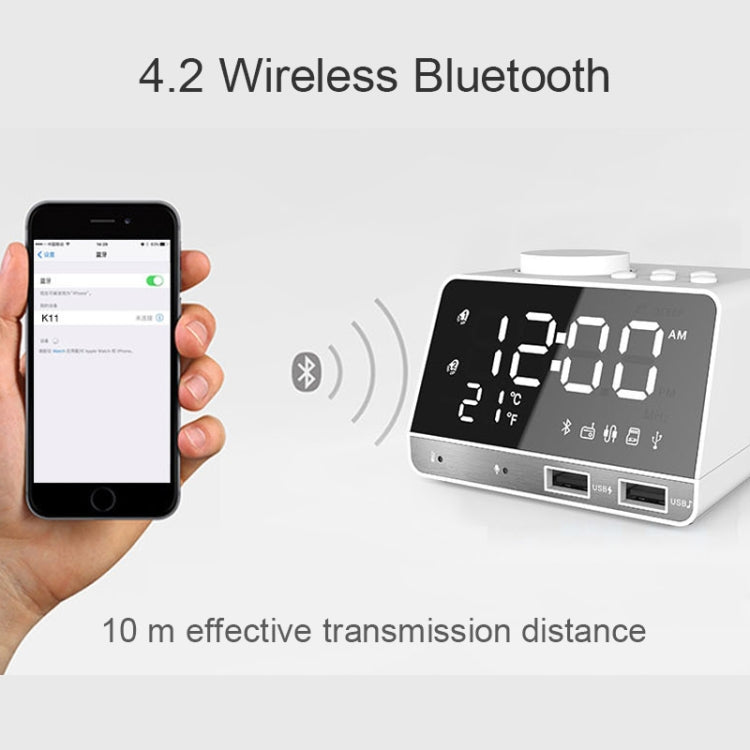 K11 Bluetooth Alarm Clock Speaker Creative Digital Music Clock Display Radio with Dual USB Interface, Support U Disk / TF Card / FM / AUX, US Plug(White) - Alarm Clocks by PMc TechLife | Online Shopping South Africa | PMc TechLife | Buy Now Pay Later Mobicred