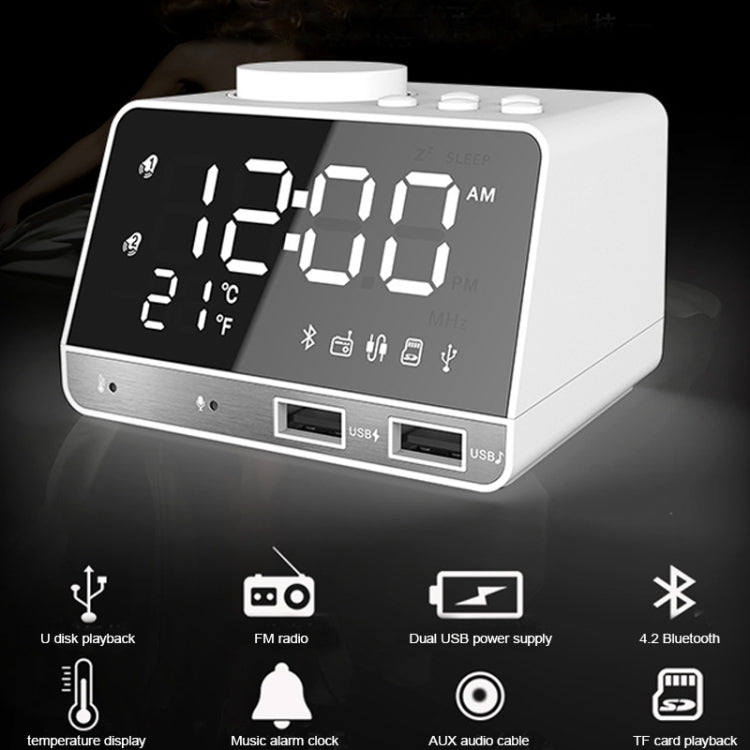K11 Bluetooth Alarm Clock Speaker Creative Digital Music Clock Display Radio with Dual USB Interface, Support U Disk / TF Card / FM / AUX, US Plug(White) - Alarm Clocks by PMc TechLife | Online Shopping South Africa | PMc TechLife | Buy Now Pay Later Mobicred