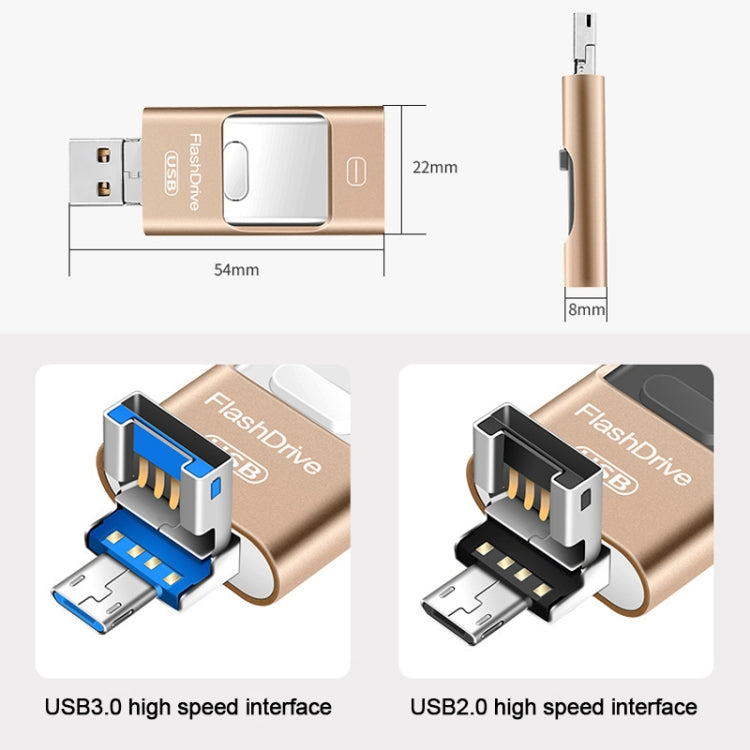 128GB USB 3.0 + 8 Pin + Mirco USB Android iPhone Computer Dual-use Metal Flash Drive (Silver) - U Disk & Card Reader by PMC Jewellery | Online Shopping South Africa | PMC Jewellery | Buy Now Pay Later Mobicred