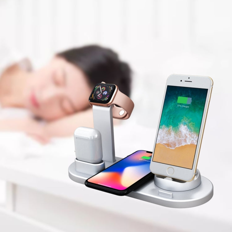 HQ-UD15 5 in 1 8 Pin + Micro USB + USB-C / Type-C Interfaces + 8 Pin Earphone Charging Interface + Wireless Charging Charger Base with Watch Stand(Silver) - Multifunction Charger by PMC Jewellery | Online Shopping South Africa | PMC Jewellery | Buy Now Pay Later Mobicred