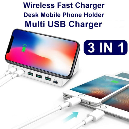 828W 7 in 1 60W QC 3.0 USB Interface + 4 USB Ports + USB-C / Type-C Interface + Wireless Charging Multi-function Charger with Mobile Phone Holder Function, AU Plug(Black) - Multifunction Charger by PMC Jewellery | Online Shopping South Africa | PMC Jewellery | Buy Now Pay Later Mobicred