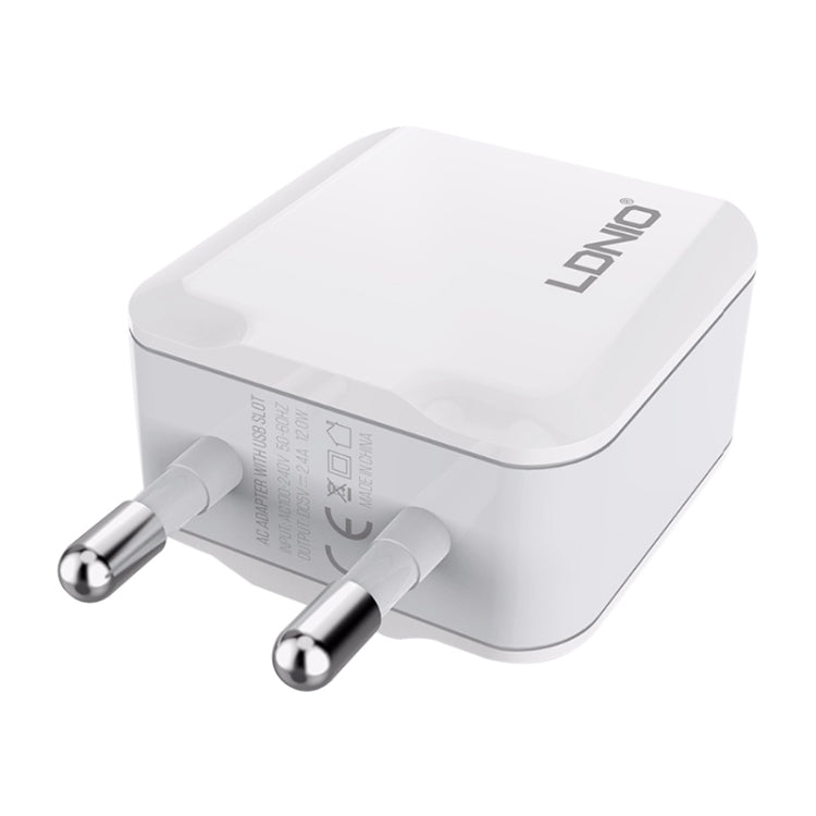 LDNIO A2201 2.4A Dual USB Charging Head Travel Direct Charge Mobile Phone Adapter Charger With 8 Pin Data Cable(EU Plug) - USB Charger by LDNIO | Online Shopping South Africa | PMC Jewellery | Buy Now Pay Later Mobicred