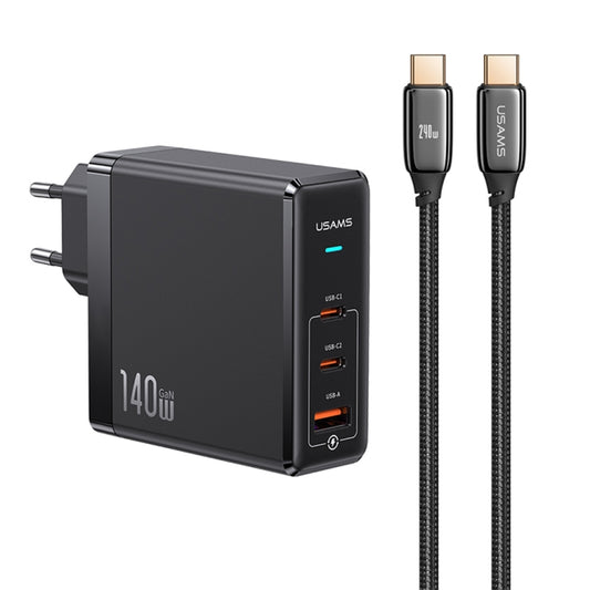 USAMS US-SJ581 T52 3 in 1 140W 3 USB Interfaces GaN Fast Charger Set, EU Plug(Black) - USB Charger by USAMS | Online Shopping South Africa | PMC Jewellery | Buy Now Pay Later Mobicred