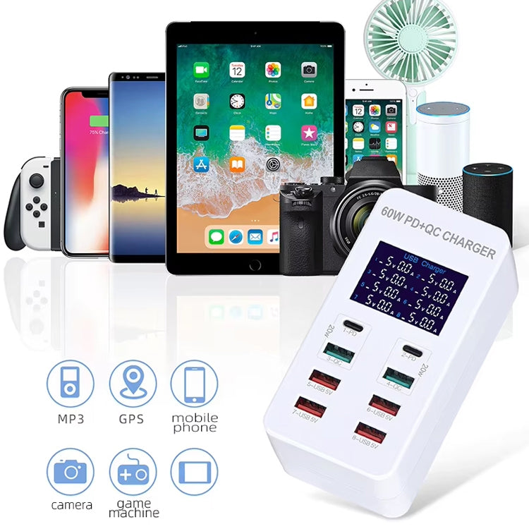 A8T 60W 8 Ports USB + QC3.0 + PD Type-C Smart Charging Station with Digital Display AC100-240V, US Plug - Multifunction Charger by PMC Jewellery | Online Shopping South Africa | PMC Jewellery | Buy Now Pay Later Mobicred