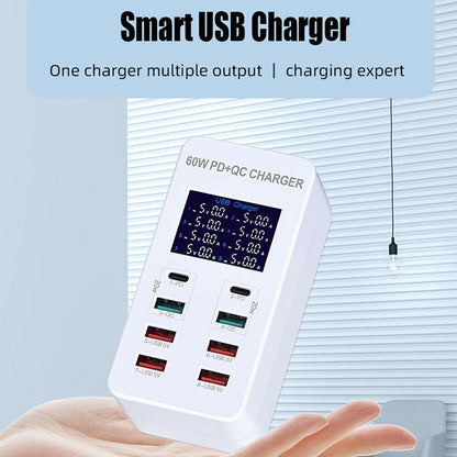 A8T 60W 8 Ports USB + QC3.0 + PD Type-C Smart Charging Station with Digital Display AC100-240V, EU Plug - Multifunction Charger by PMC Jewellery | Online Shopping South Africa | PMC Jewellery | Buy Now Pay Later Mobicred