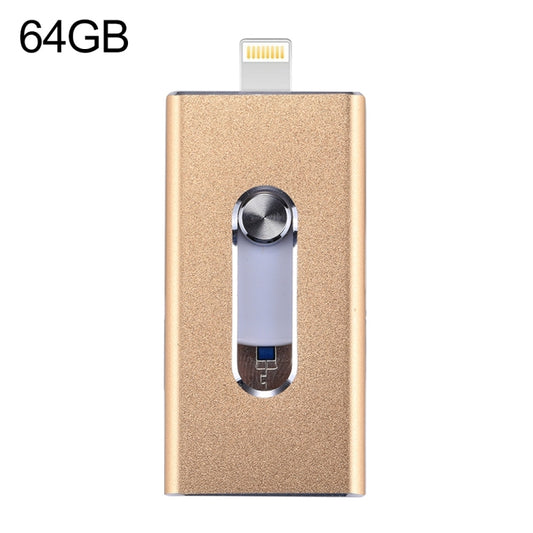 RQW-02 3 in 1 USB 2.0 & 8 Pin & Micro USB 64GB Flash Drive(Gold) - U Disk & Card Reader by PMC Jewellery | Online Shopping South Africa | PMC Jewellery | Buy Now Pay Later Mobicred