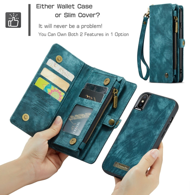 For iPhone X / XS CaseMe-008 TPU + PC Magnetic Absorption Detachable Back Cover Horizontal Flip Leather Case with Holder & Card Slots & Zipper Wallet & Photo Frame(Blue) - More iPhone Cases by CaseMe | Online Shopping South Africa | PMC Jewellery | Buy Now Pay Later Mobicred