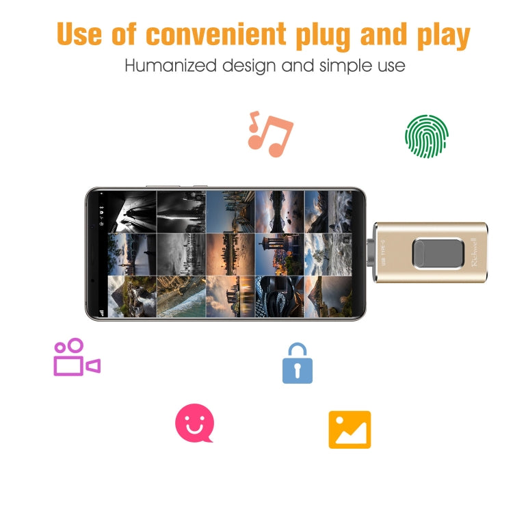 Richwell 3 in 1 16G Type-C + 8 Pin + USB 3.0 Metal Push-pull Flash Disk with OTG Function(Rose Gold) - U Disk & Card Reader by Richwell | Online Shopping South Africa | PMC Jewellery | Buy Now Pay Later Mobicred