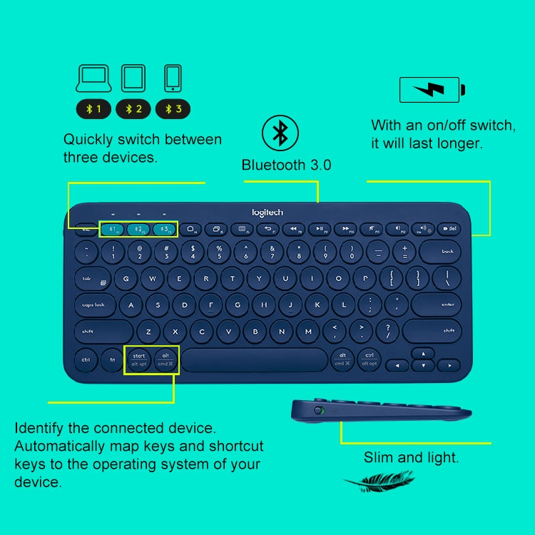 Logitech K380 Portable Multi-Device Wireless Bluetooth Keyboard (Blue) - free shipping - PMC Jewellery - Order now!