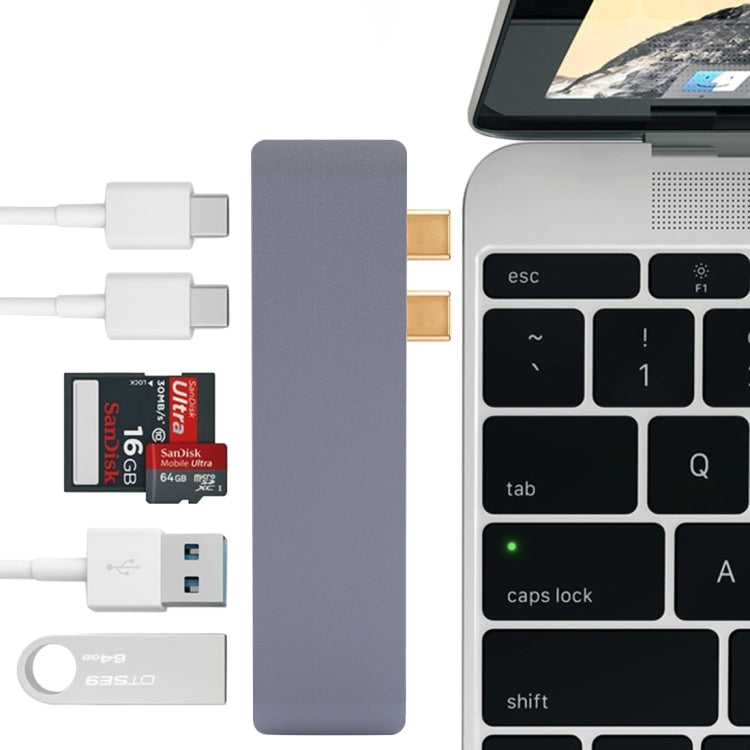 6 in 1 Multi-function Aluminium Alloy 5Gbps Transfer Rate Dual USB-C / Type-C HUB Adapter with 2 USB 3.0 Ports & 2 USB-C / Type-C Ports & SD Card Slot & TF Card Slot for Macbook 2015 / 2016 / 2017(Grey) - USB HUB by PMC Jewellery | Online Shopping South Africa | PMC Jewellery | Buy Now Pay Later Mobicred