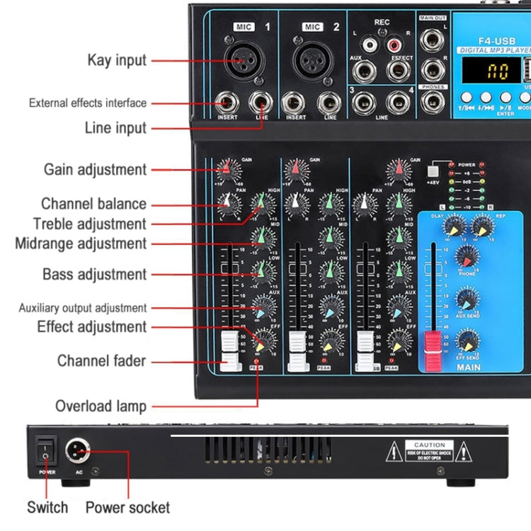 F4 Home 4-channel Bluetooth USB Reverb Mixer, US Plug (Black) - Live Sound Effects Processors by PMC Jewellery | Online Shopping South Africa | PMC Jewellery | Buy Now Pay Later Mobicred