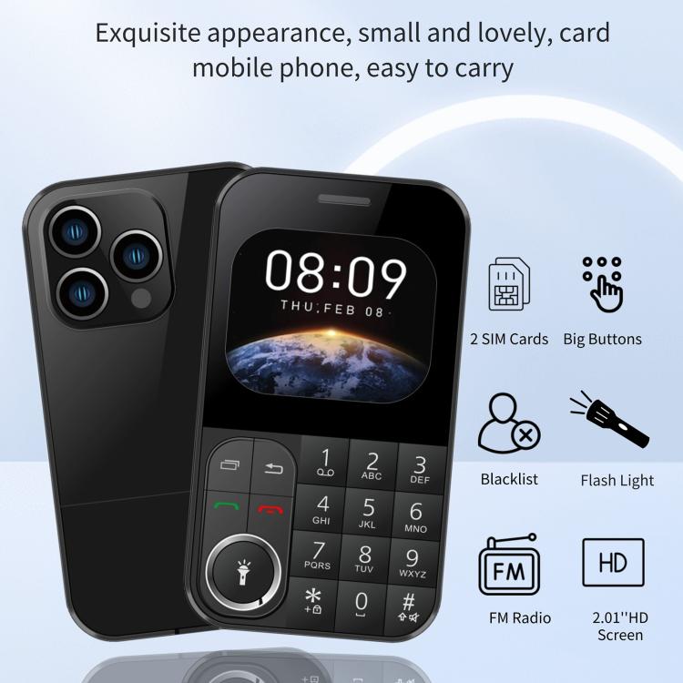 V9 Card Mobile Phone, 2.01 inch, MTK6261D, Support Bluetooth, FM, Torch, GSM, Dual SIM (Black) - free shipping - PMc TechLife - Order now!
