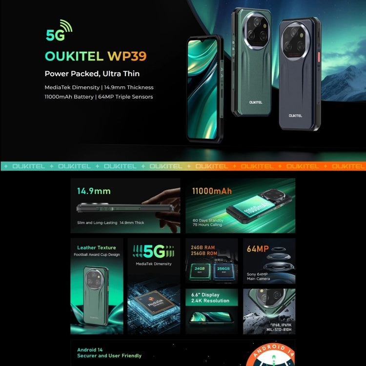 [HK Warehouse] Oukitel WP39 5G Rugged Phone, 6GB+256GB, Night Vision, Fingerprint Identification, 6.6 inch MediaTek Dimensity 6100+ Octa Core, NFC, OTG, Network: 5G (Green) - Other by OUKITEL | Online Shopping South Africa | PMC Jewellery | Buy Now Pay Later Mobicred