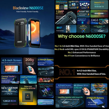 [HK Warehouse] Blackview N6000SE, IP68/IP69K/MIL-STD-810H, 4GB+128GB, 4.3 inch Android 13 MediaTek MT8788 Octa Core, Network: 4G, OTG, NFC (Green) - Blackview by Blackview | Online Shopping South Africa | PMC Jewellery | Buy Now Pay Later Mobicred