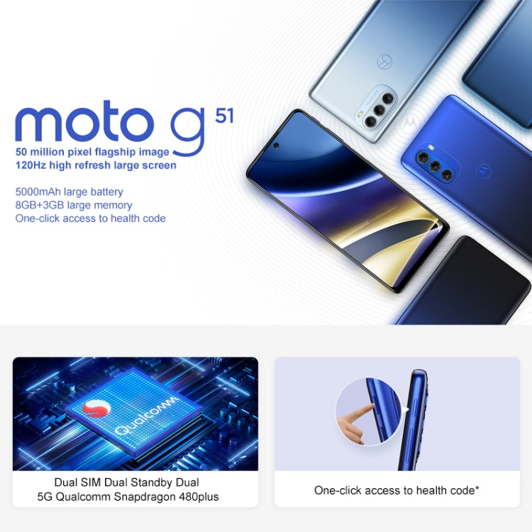 Motorola Moto G51, 50MP Camera, 8GB+128GB, Triple Back Cameras, Side Fingerprint Identification, 5000mAh Battery, 6.8 inch Android 11 Qualcomm Snapdragon 480 Plus Octa Core, Network: 5G(Gradient Blue) - Other by MOTOROLA | Online Shopping South Africa | PMC Jewellery | Buy Now Pay Later Mobicred