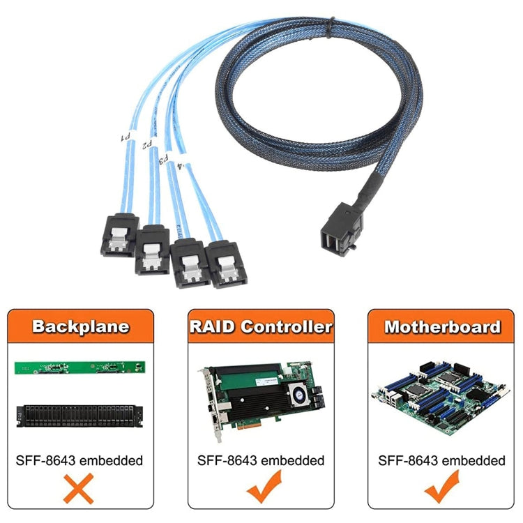 Mini SAS SFF-8643 Host to 7-Pin 4 SATA Target Hard Disk 6Gbps Data Server Raid Cable, Length: 1m - eSATA & SATA & IDE by PMC Jewellery | Online Shopping South Africa | PMC Jewellery | Buy Now Pay Later Mobicred