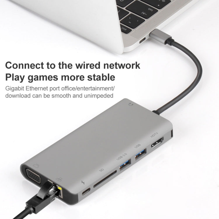 Onten 9591BD 8 in 1 USB-C / Type-C to PD USB-C / Type-C Charging + 100M Ethernet Port + Dual USB 3.0 + HDMI + VGA + SD Card Slot + 3.5mm AUX HUB (Grey) - USB HUB by Onten | Online Shopping South Africa | PMC Jewellery | Buy Now Pay Later Mobicred