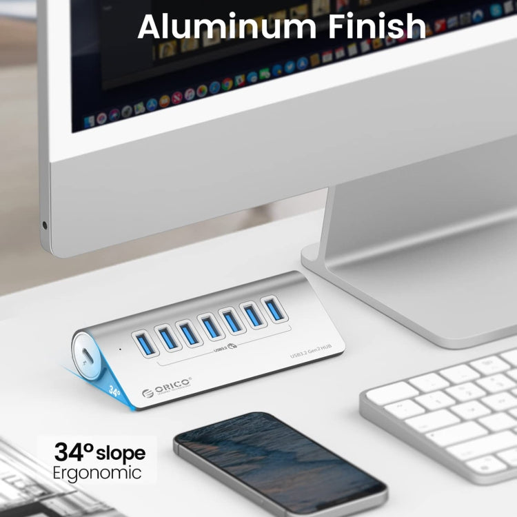 ORICO M3U7-G2 Aluminum Alloy 7-Port USB 3.2 Gen2 10Gbps HUB with 0.5m Cable (Silver) - free shipping - PMC Jewellery - Order now!